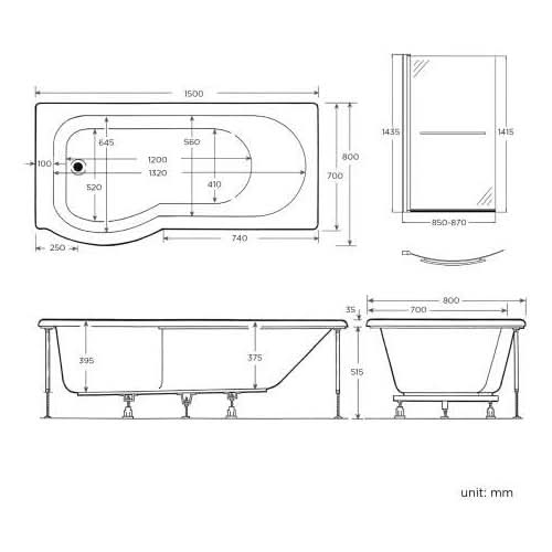 iBathUK Elantia Left Hand P-Shaped Shower Bath, 6mm Glass Screen, Chrome Rail & Front Panel Included, P Shaped Bathtub Panel, 1500x800mm