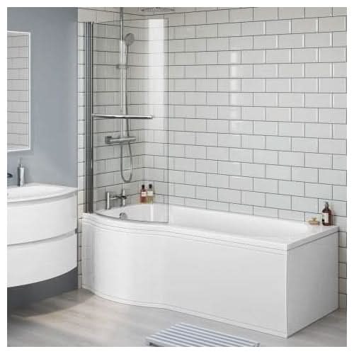 iBathUK Elantia Left Hand P-Shaped Shower Bath, 6mm Glass Screen, Chrome Rail & Front Panel Included, P Shaped Bathtub Panel, 1500x800mm
