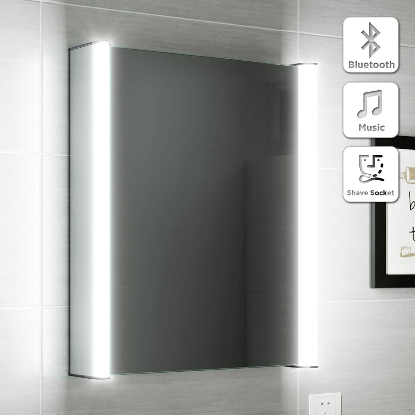iBathUK Revere LED Bathroom Cabinet, Illuminated Mirror with Bluetooth Speakers & Shaver Socket, Bathroom Mirror Cabinet, 500 x 650mm