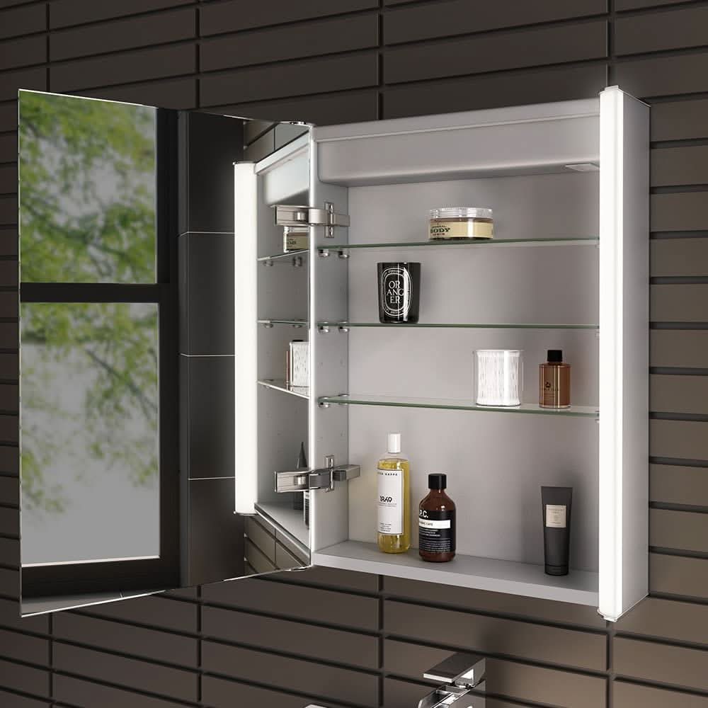 iBathUK Revere LED Bathroom Cabinet, Illuminated Mirror with Bluetooth Speakers & Shaver Socket, Bathroom Mirror Cabinet, 500 x 650mm