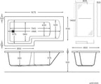 iBathUK Vistara Left Hand L-Shaped Shower Bath, Acrylic Straight Bathtub with Glass Screen & Bath Panel Set, L Shaped Bath Screen, 1500mm