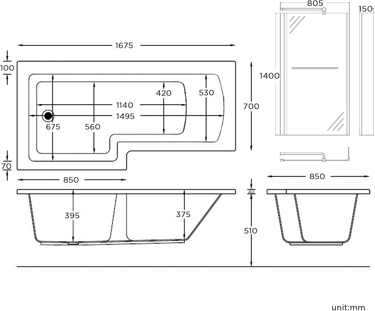 iBathUK Vistara Left Hand L-Shaped Shower Bath, Acrylic Straight Bathtub with Glass Screen & Bath Panel Set, L Shaped Bath Screen, 1500mm