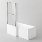 iBathUK Vistara Left Hand L-Shaped Shower Bath, Acrylic Straight Bathtub with Glass Screen & Bath Panel Set, L Shaped Bath Screen, 1500mm