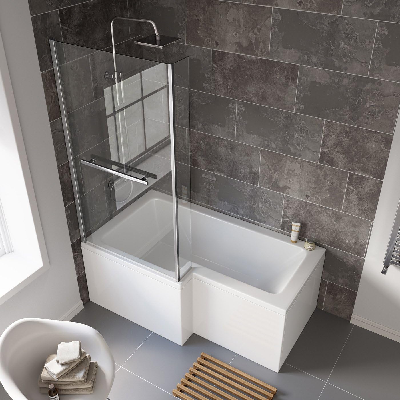 iBathUK Vistara Left Hand L-Shaped Shower Bath, Acrylic Straight Bathtub with Glass Screen & Bath Panel Set, L Shaped Bath Screen, 1500mm