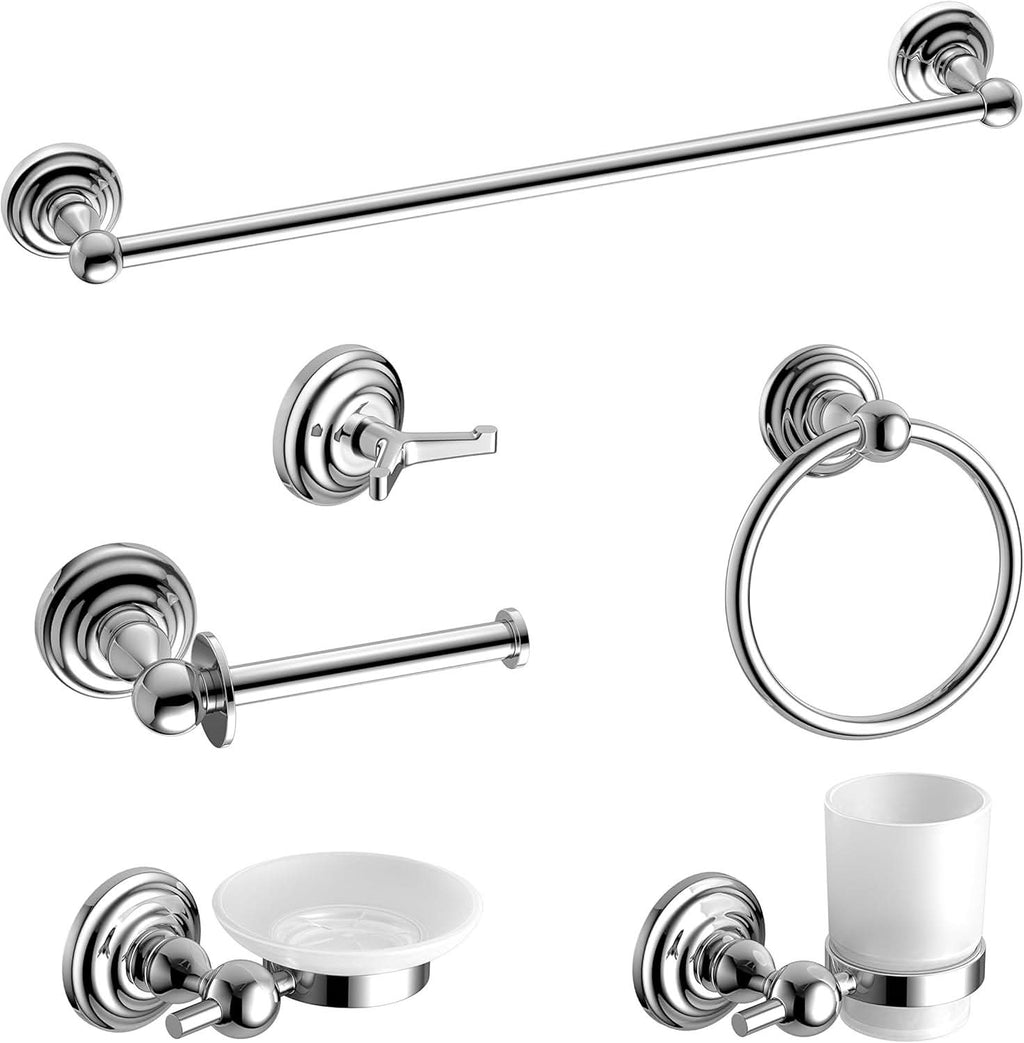 Set of chrome bathroom accessories including towel bar, toilet paper holder, and other fixtures on a white background.