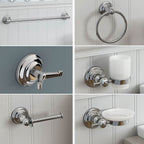 Collection of bathroom fixtures including a towel bar, ring holder, handle, and soap dish on a neutral background.