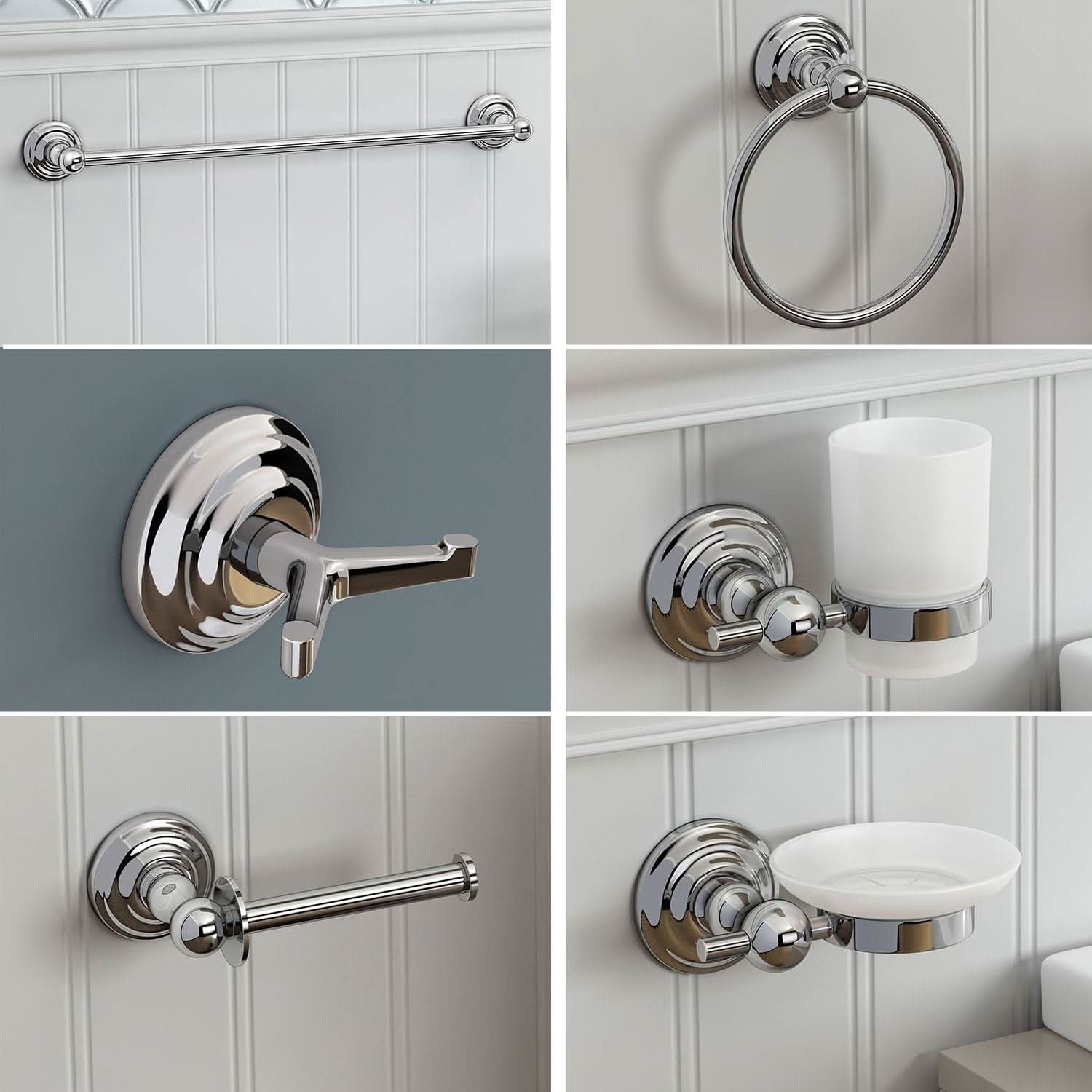 Collection of bathroom fixtures including a towel bar, ring holder, handle, and soap dish on a neutral background.