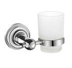 Chrome wall-mounted toothbrush holder with a glass cup on a white background
