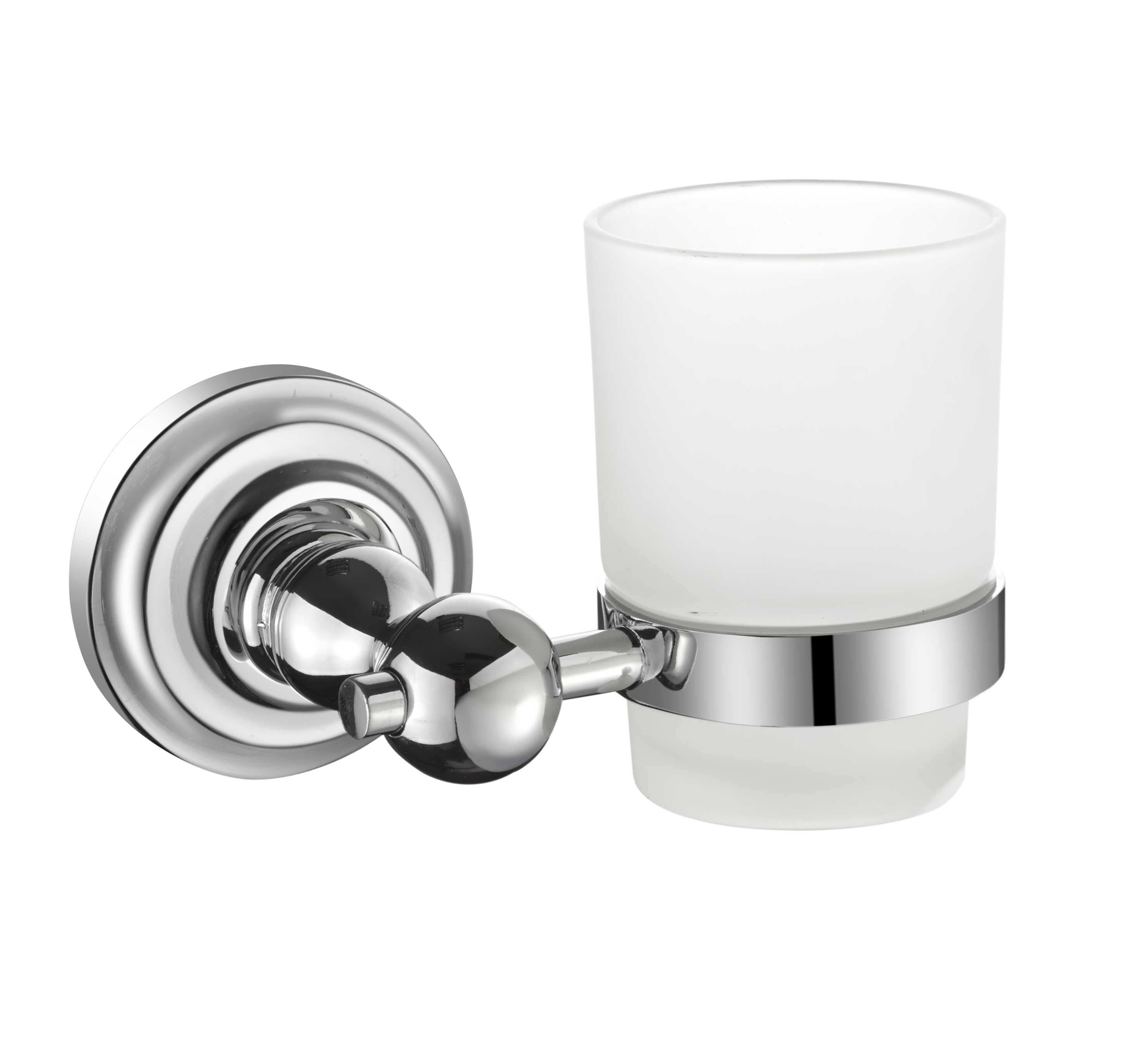 Chrome wall-mounted toothbrush holder with a glass cup on a white background