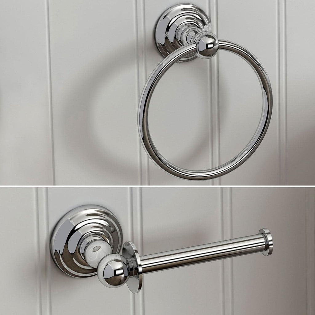 iBathUK Ardent Traditional Bathroom Accessory Set, Chrome Towel Ring & Toilet Roll Holder Wall Mounted Classic 2 Piece Kit