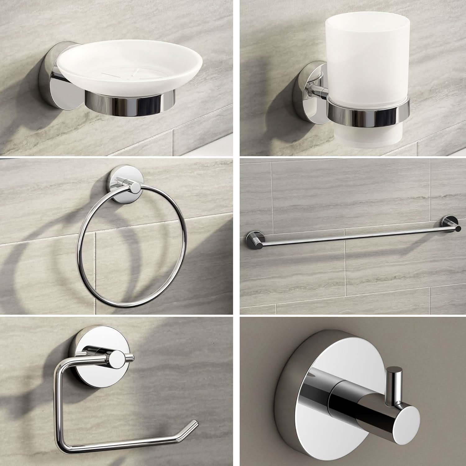 iBathUK Lumo Wall Mounted Bathroom Accessory Set, 6 Piece Complete Kit for Modern Bathrooms, Chrome