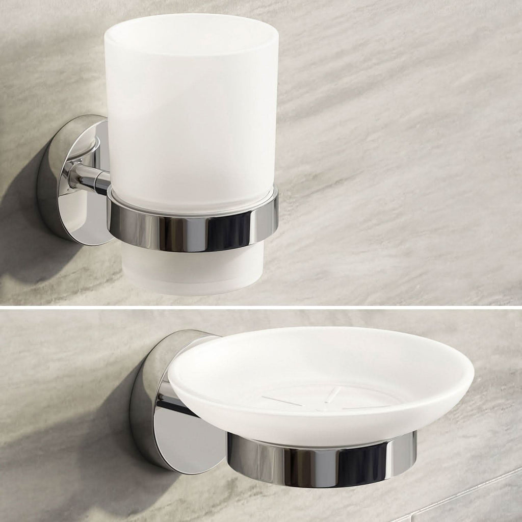 The iBathUK Lumo Designer Bathroom Accessory Set features a wall-mounted chrome soap dish and frosted glass tumbler holder, ideal for use as a toothbrush holder combo. Its sleek design enhances any marble-patterned bathroom décor.