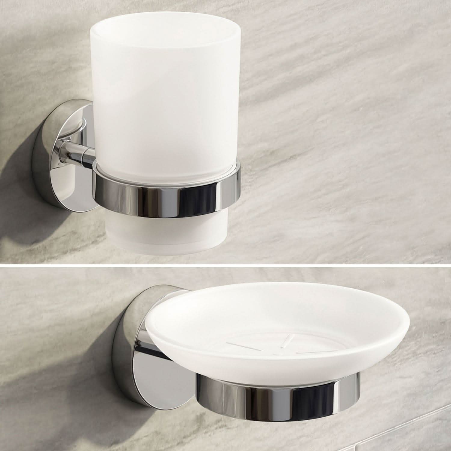 The iBathUK Lumo Designer Bathroom Accessory Set features a wall-mounted chrome soap dish and frosted glass tumbler holder, ideal for use as a toothbrush holder combo. Its sleek design enhances any marble-patterned bathroom décor.