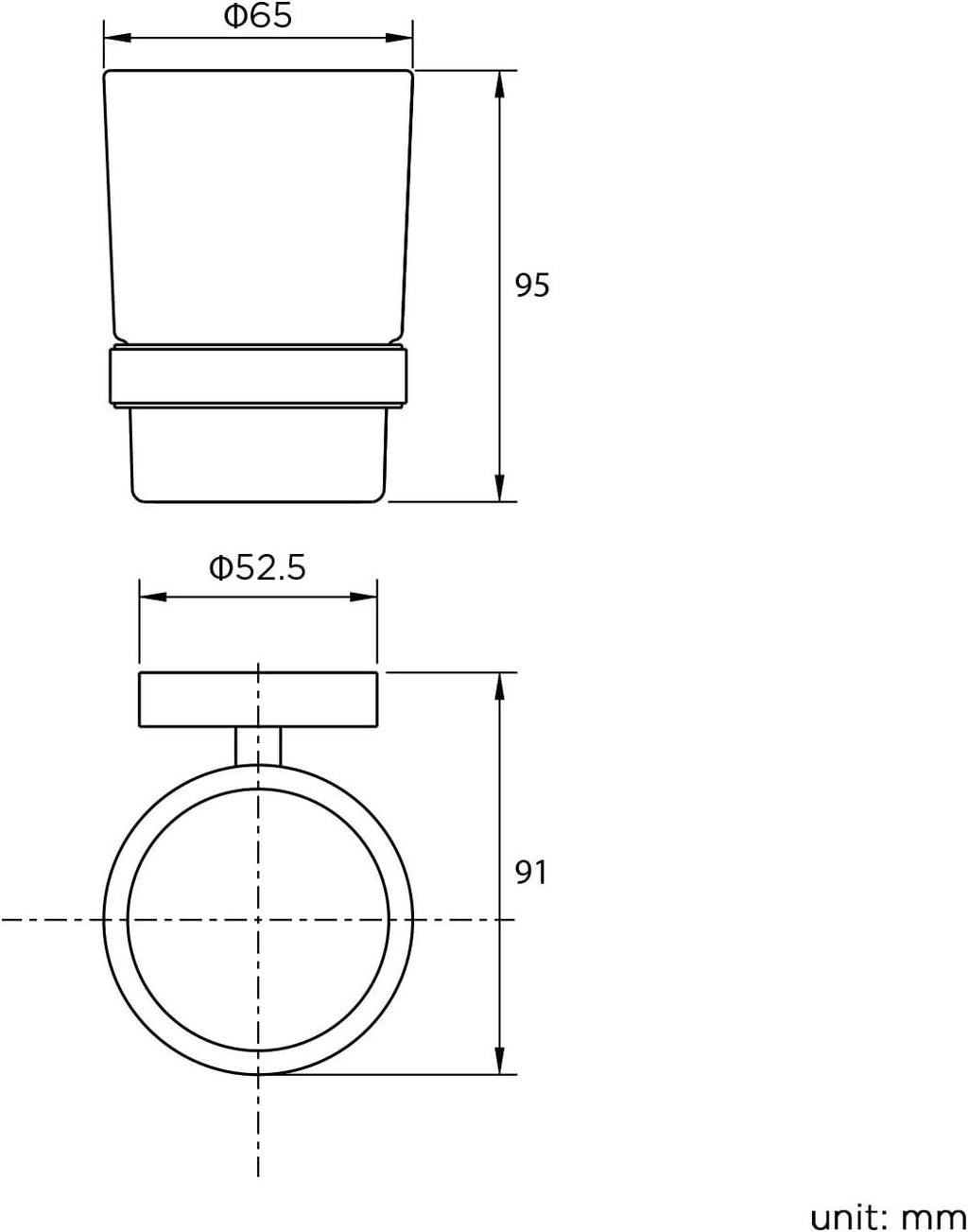 Line drawing of iBathUK Lumo Designer Bathroom Accessory Set (wall mounted soap dish & toothbrush holder with tumbler, chrome finish) shows: top dia. 65mm, height 95mm, ring dia. 52.5mm, and 91mm from ring to top. Unit: mm.