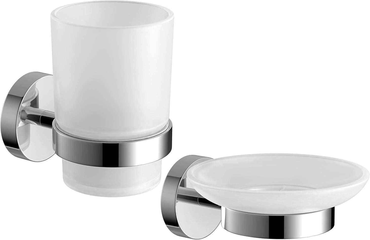 The iBathUK Lumo Designer Bathroom Accessory Set features a wall mounted frosted glass soap dish and toothbrush holder with tumbler in chrome finish, adding modern style and function to your bathroom.