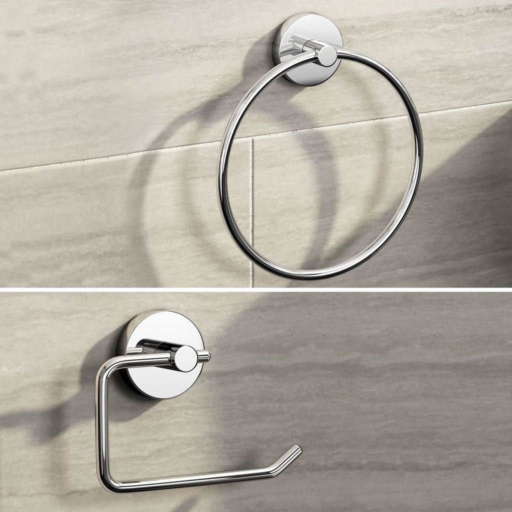 iBathUK Lumo Designer Bathroom Accessory Set, Chrome Wall Mounted Towel Ring & Toilet Roll Holder for Modern Bathrooms