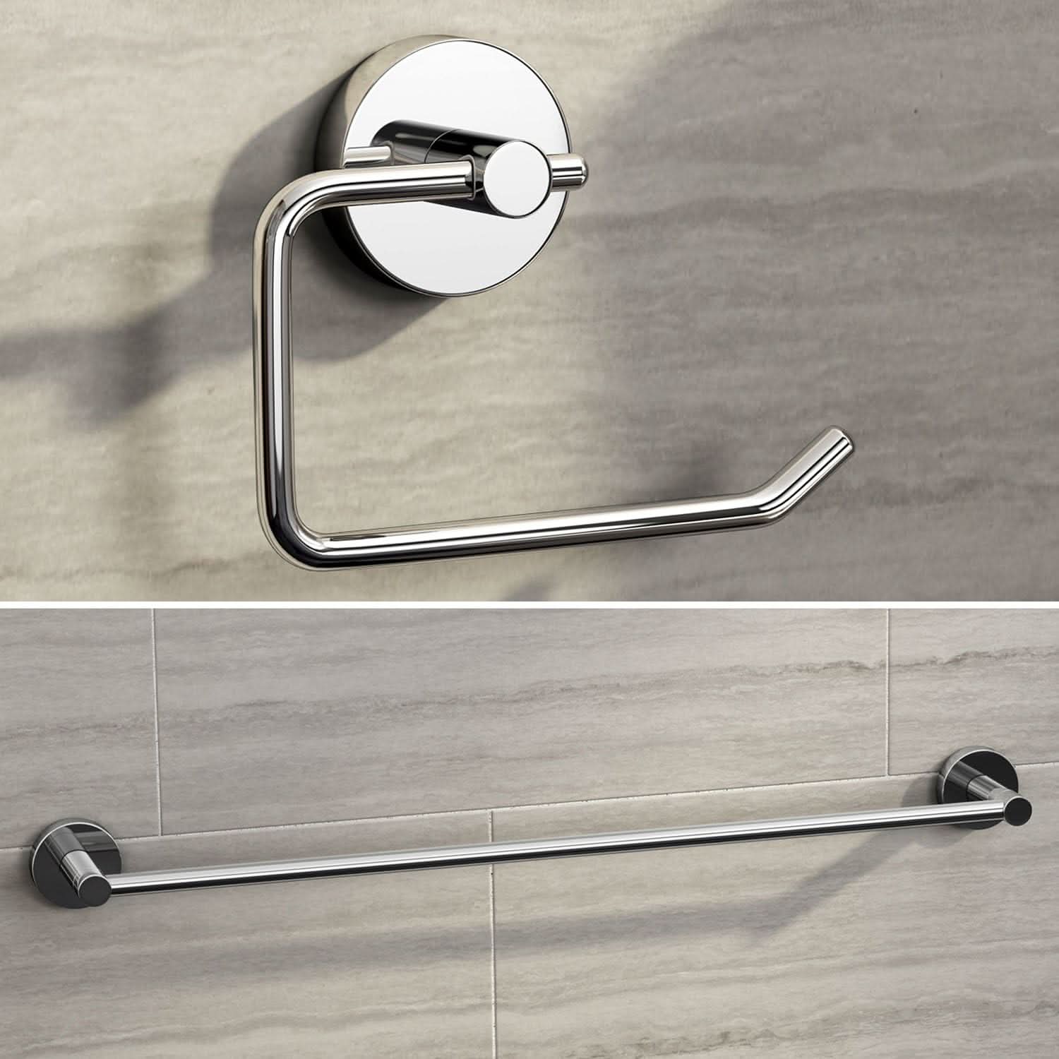 iBathUK Lumo Designer Bathroom Accessory Set, Chrome Wall Mounted Towel Rail & Toilet Roll Holder for Stylish Modern Bathrooms