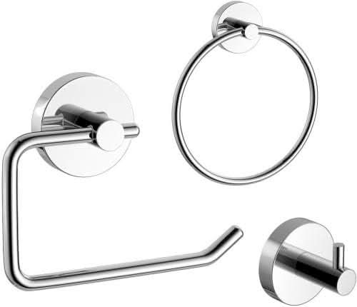 iBathUK Lumo Designer Bathroom Accessory Set, Chrome Towel Ring, Robe Hook & Toilet Roll Holder for Modern Bathrooms