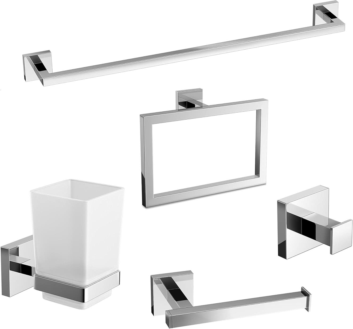iBathUK Vanta Modern Chrome Square Bathroom Accessory Set, 5 Piece Wall Mounted Complete Kit for Contemporary Bathrooms