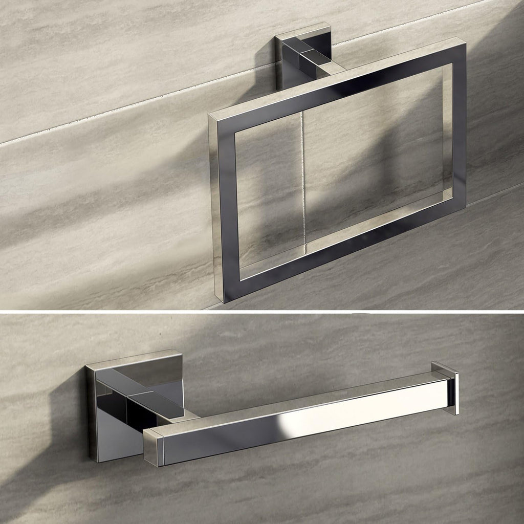 iBathUK Vanta Modern Square Bathroom Accessory Set, Chrome Towel Ring & Toilet Roll Holder Wall Mounted Duo