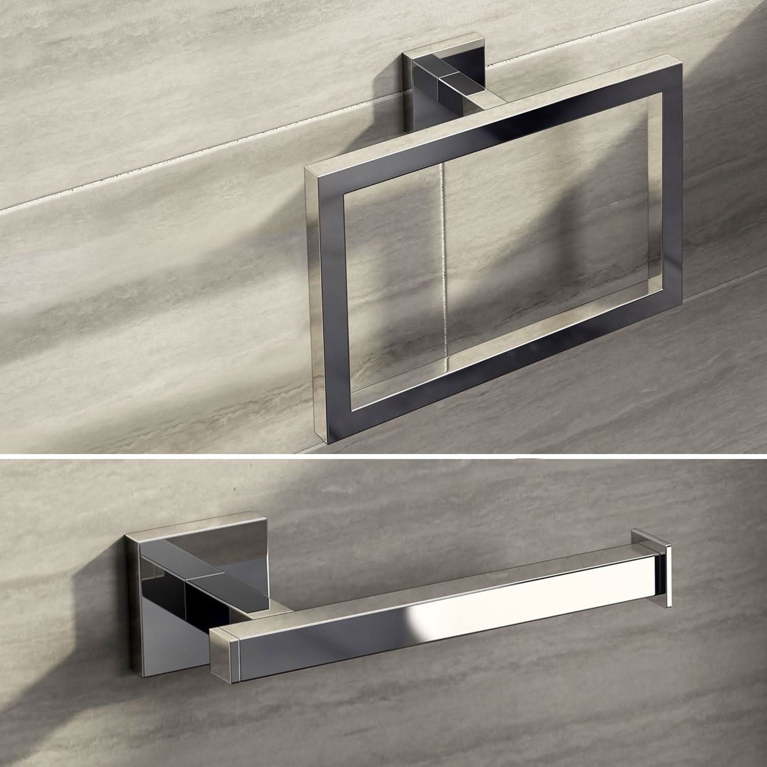 iBathUK Vanta Modern Square Bathroom Accessory Set, Chrome Towel Ring & Toilet Roll Holder Wall Mounted Duo