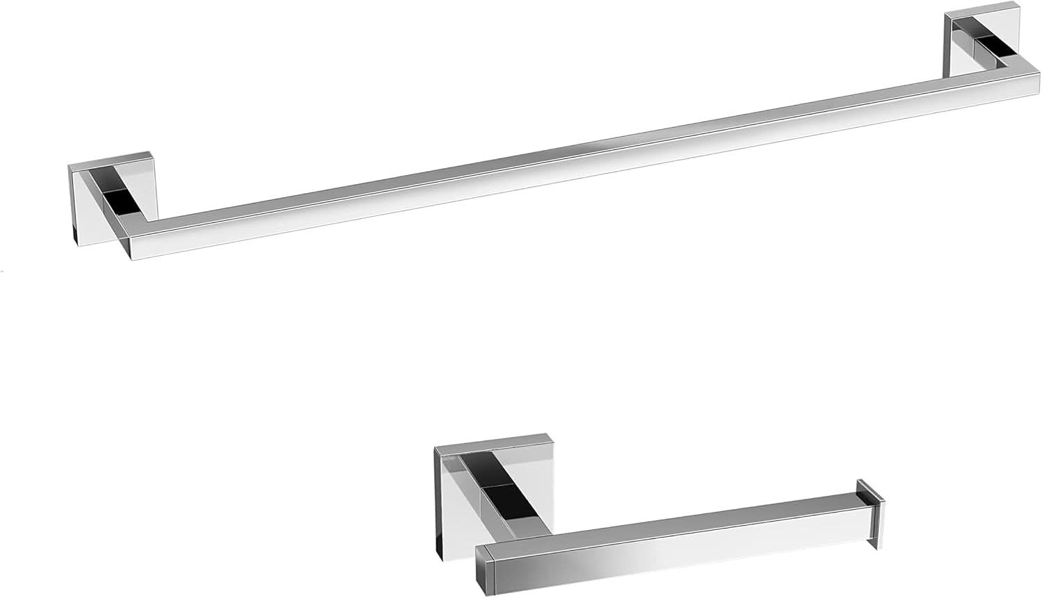 iBathUK Vanta Modern Square Bathroom Accessory Set, Chrome Towel Rail & Toilet Roll Holder Wall Mounted Contemporary Kit