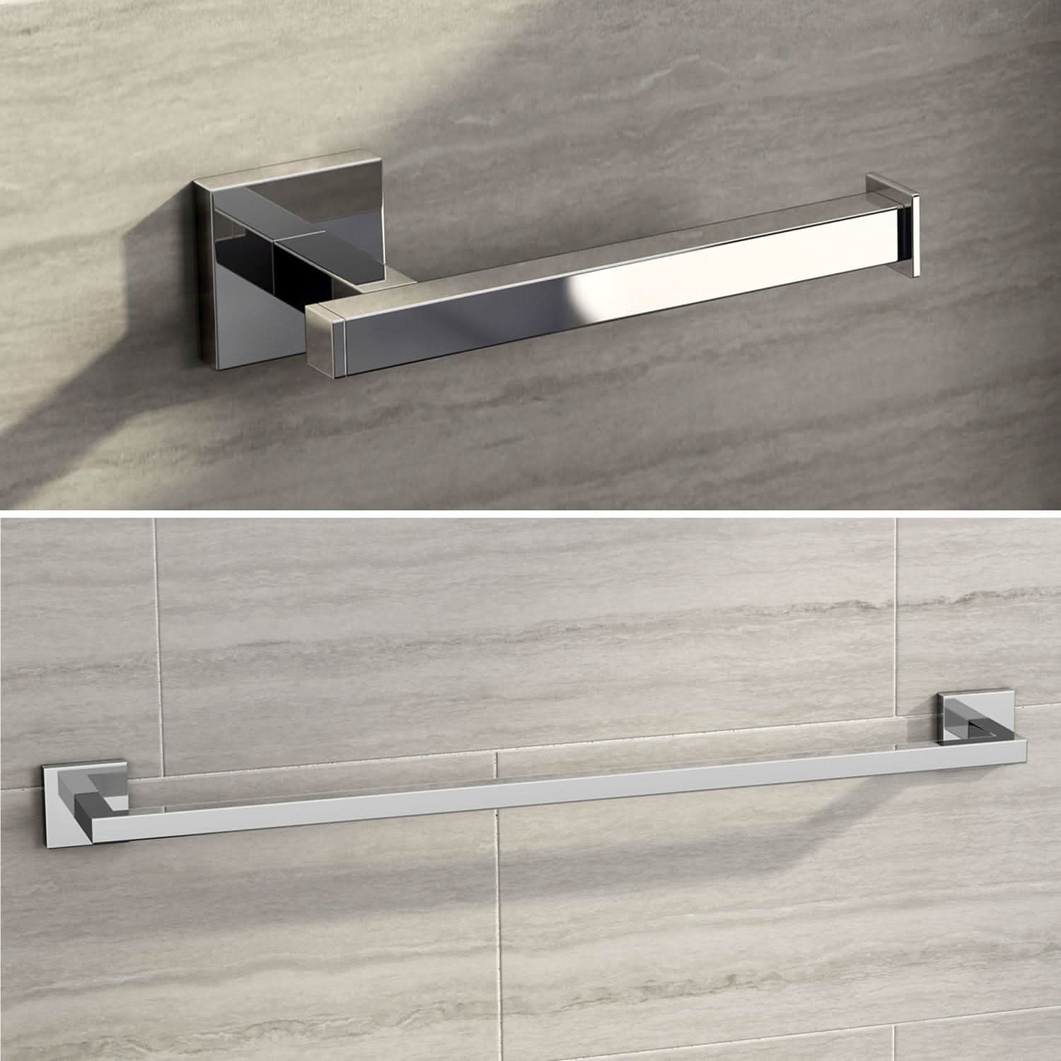 iBathUK Vanta Modern Square Bathroom Accessory Set, Chrome Towel Rail & Toilet Roll Holder Wall Mounted Contemporary Kit