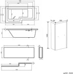 iBathUK Axis Left Hand L-Shaped Bath with Screen, Rail & Front Panel, Modern Shower Bath, Durable L Shaped Bath Screen, 1500 x 850mm