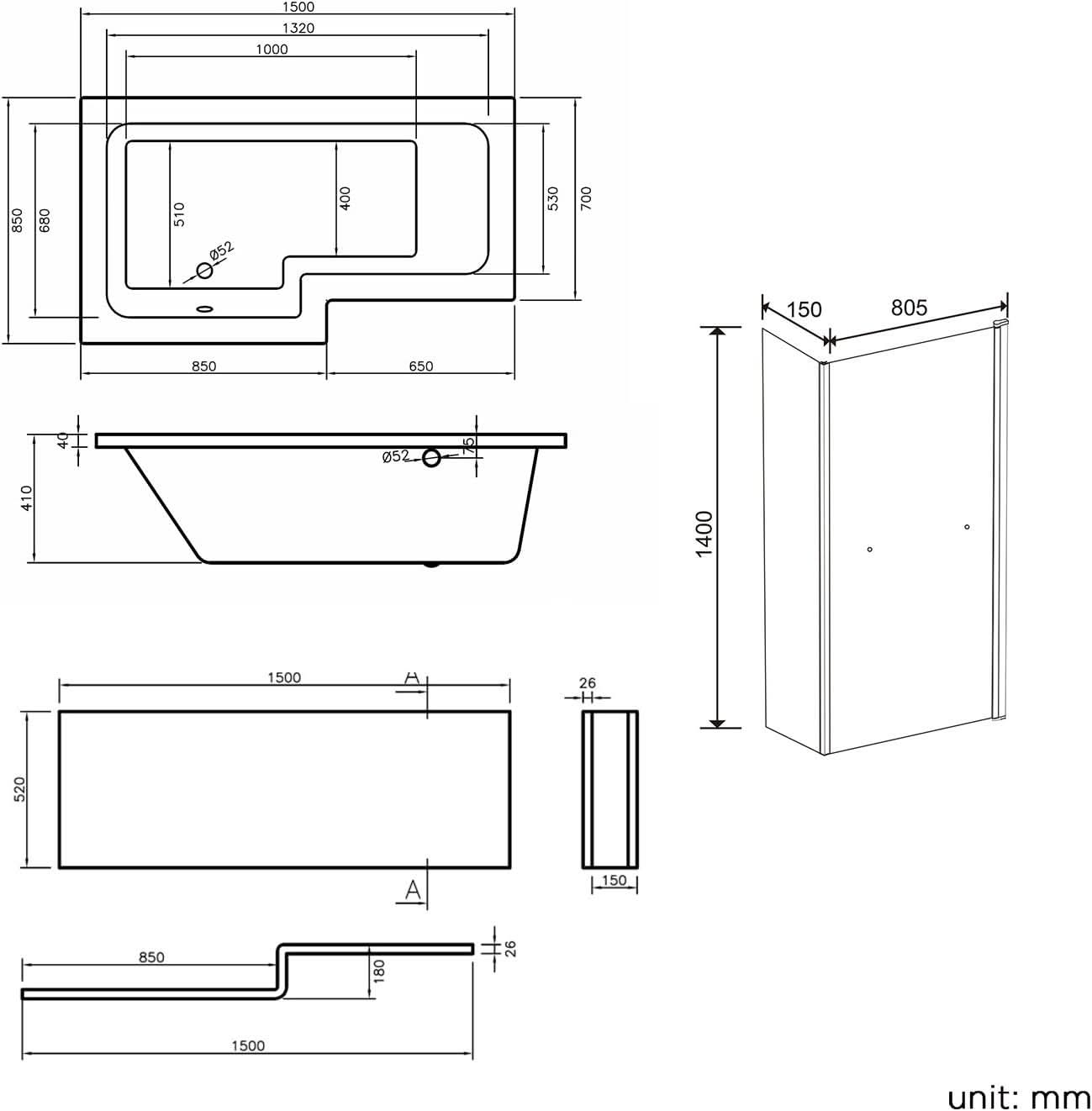 iBathUK Axis Left Hand L-Shaped Bath with Screen, Rail & Front Panel, Modern Shower Bath, Durable L Shaped Bath Screen, 1500 x 850mm