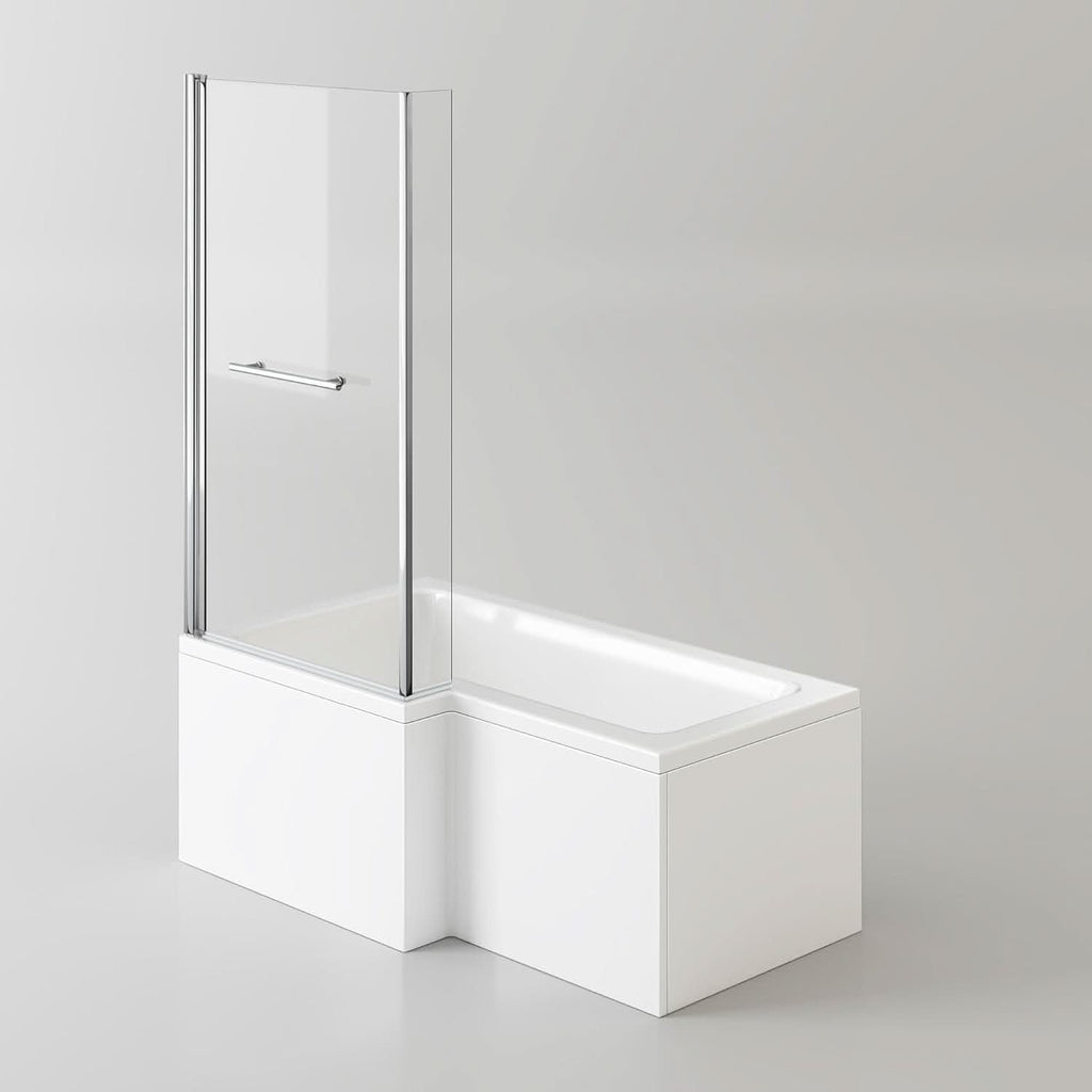 iBathUK Axis Left Hand L-Shaped Bath with Screen, Rail & Front Panel, Modern Shower Bath, Durable L Shaped Bath Screen, 1500 x 850mm