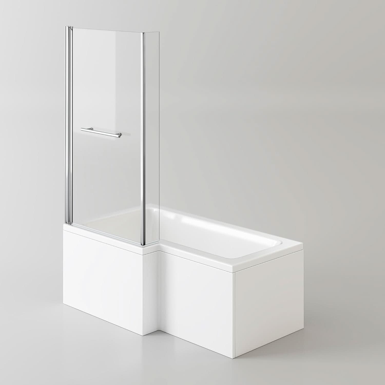 iBathUK Axis Left Hand L-Shaped Bath with Screen, Rail & Front Panel, Modern Shower Bath, Durable L Shaped Bath Screen, 1500 x 850mm