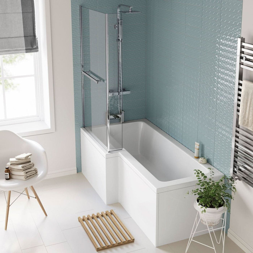 iBathUK Axis Left Hand L-Shaped Bath with Screen, Rail & Front Panel, Modern Shower Bath, Durable L Shaped Bath Screen, 1500 x 850mm