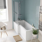 iBathUK Axis Left Hand L-Shaped Bath with Screen, Rail & Front Panel, Modern Shower Bath, Durable L Shaped Bath Screen, 1500 x 850mm