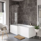 iBathUK Axis Left Hand L-Shaped Shower Bath, Includes Glass Screen & Front Panel, Modern Space-Saving Bath Design, Durable L Shaped Bath Screen, 1700mm