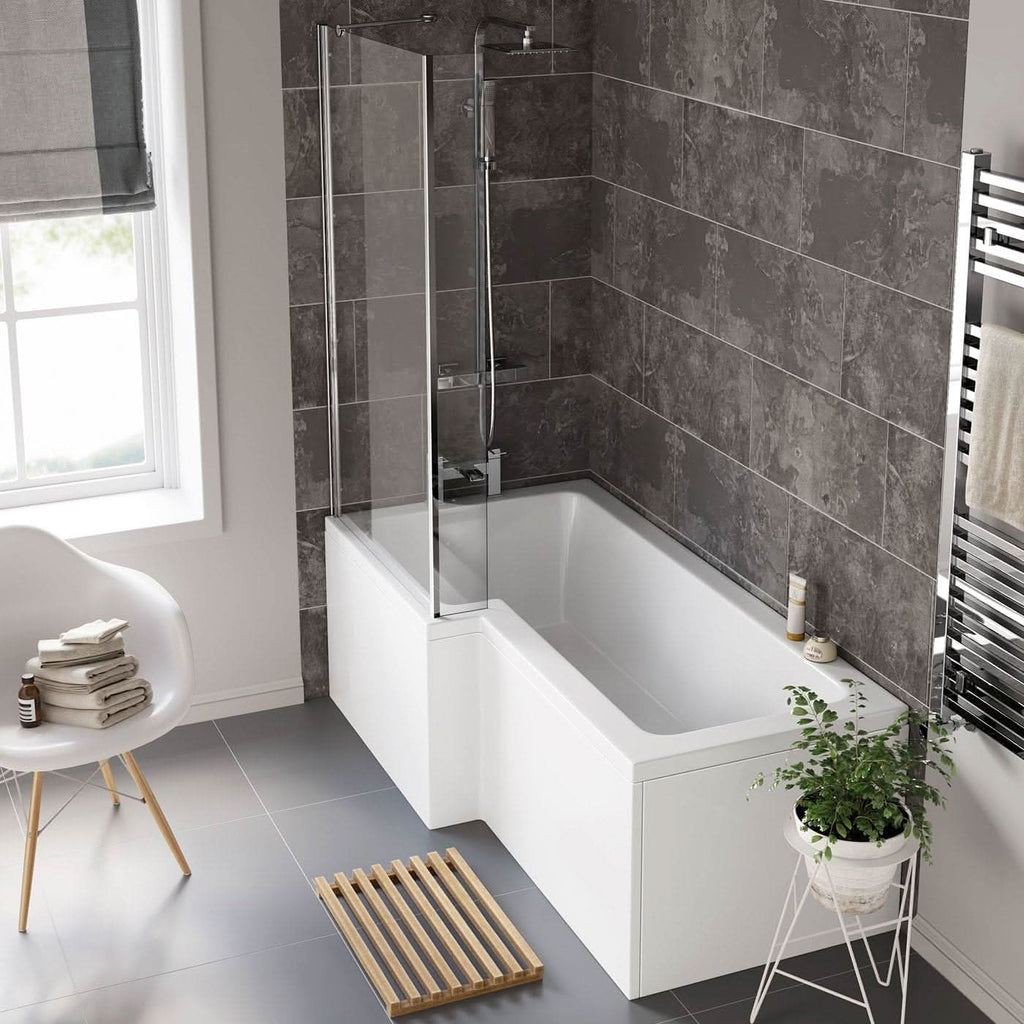 iBathUK Axis Left Hand L-Shaped Shower Bath, Includes Glass Screen & Front Panel, Modern Space-Saving Bath Design, Durable L Shaped Bath Screen, 1700mm