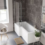 iBathUK Axis Left Hand L-Shaped Shower Bath, Includes Glass Screen & Front Panel, Modern Space-Saving Bath Design, Durable L Shaped Bath Screen, 1700mm