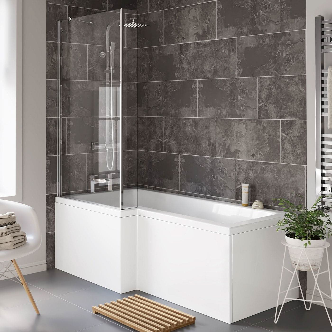 iBathUK Axis Left Hand L-Shaped Shower Bath, Includes Glass Screen & Front Panel, Modern Space-Saving Bath Design, Durable L Shaped Bath Screen, 1700mm