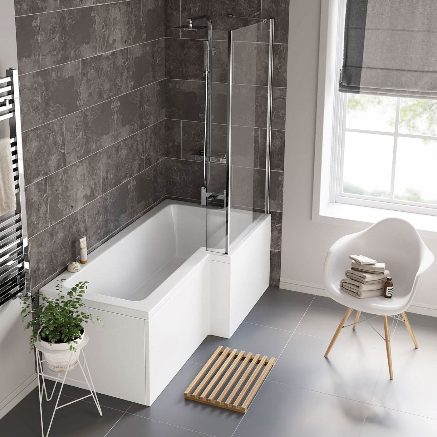 iBathUK Axis Right Hand L-Shaped Shower Bath, Includes Glass Screen & Front Panel, Modern Space-Saving Bath Design, Durable L Shaped Bath Screen, 1700mm