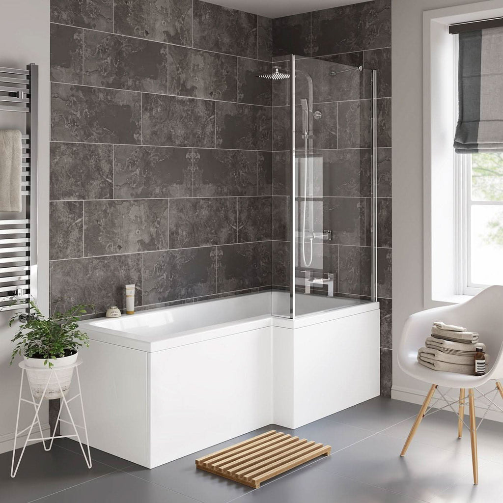 iBathUK Axis Right Hand L-Shaped Shower Bath, Includes Glass Screen & Front Panel, Modern Space-Saving Bath Design, Durable L Shaped Bath Screen, 1700mm