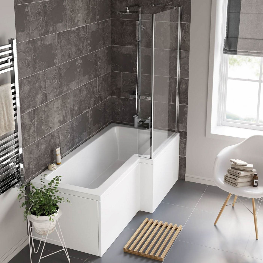 iBathUK Axis Right Hand L-Shaped Shower Bath, Includes Glass Screen & Front Panel, Modern Space-Saving Bath Design, Durable L Shaped Bath Screen, 1700mm