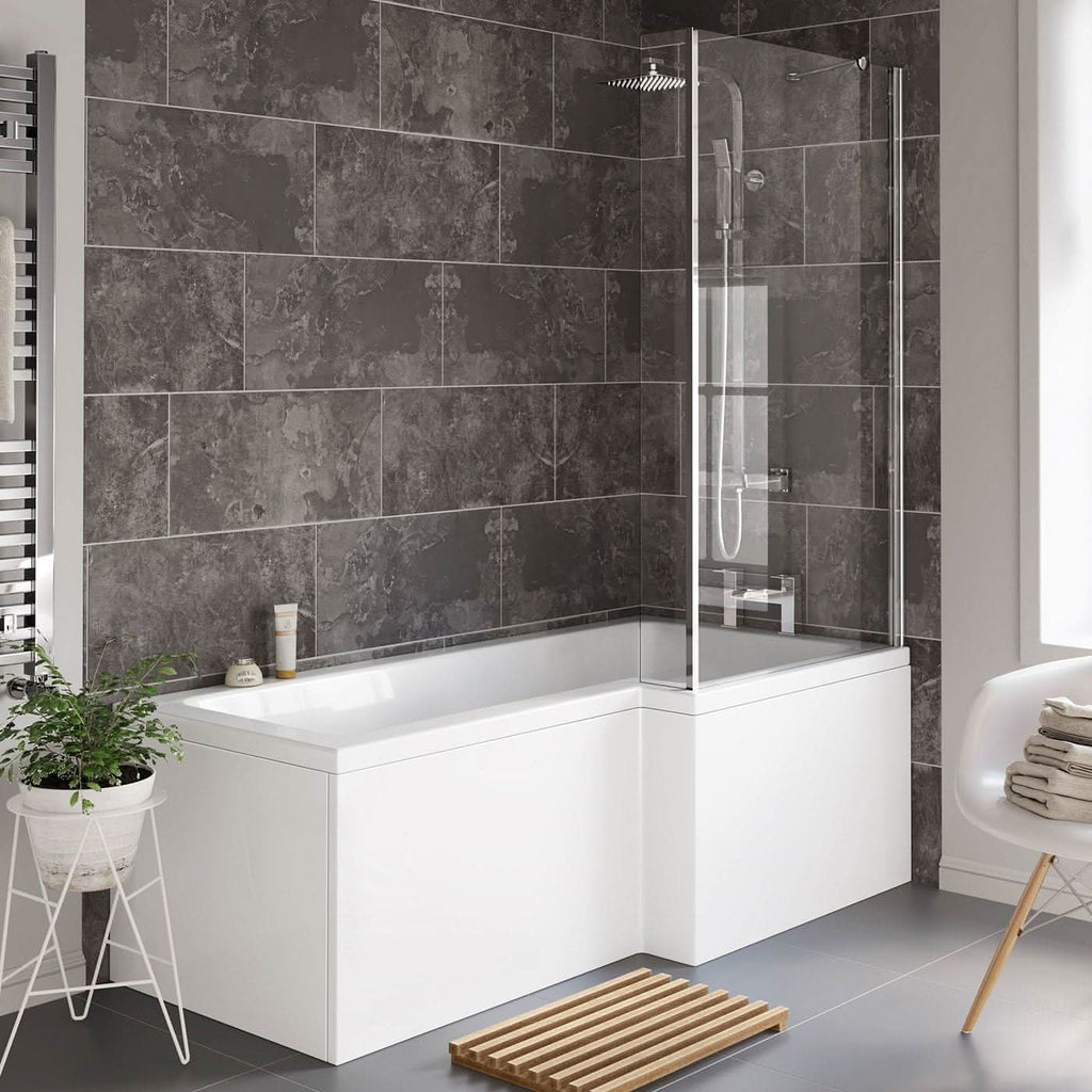 iBathUK Axis Right Hand L-Shaped Shower Bath, Includes Glass Screen & Front Panel, Modern Space-Saving Bath Design, Durable L Shaped Bath Screen, 1700mm