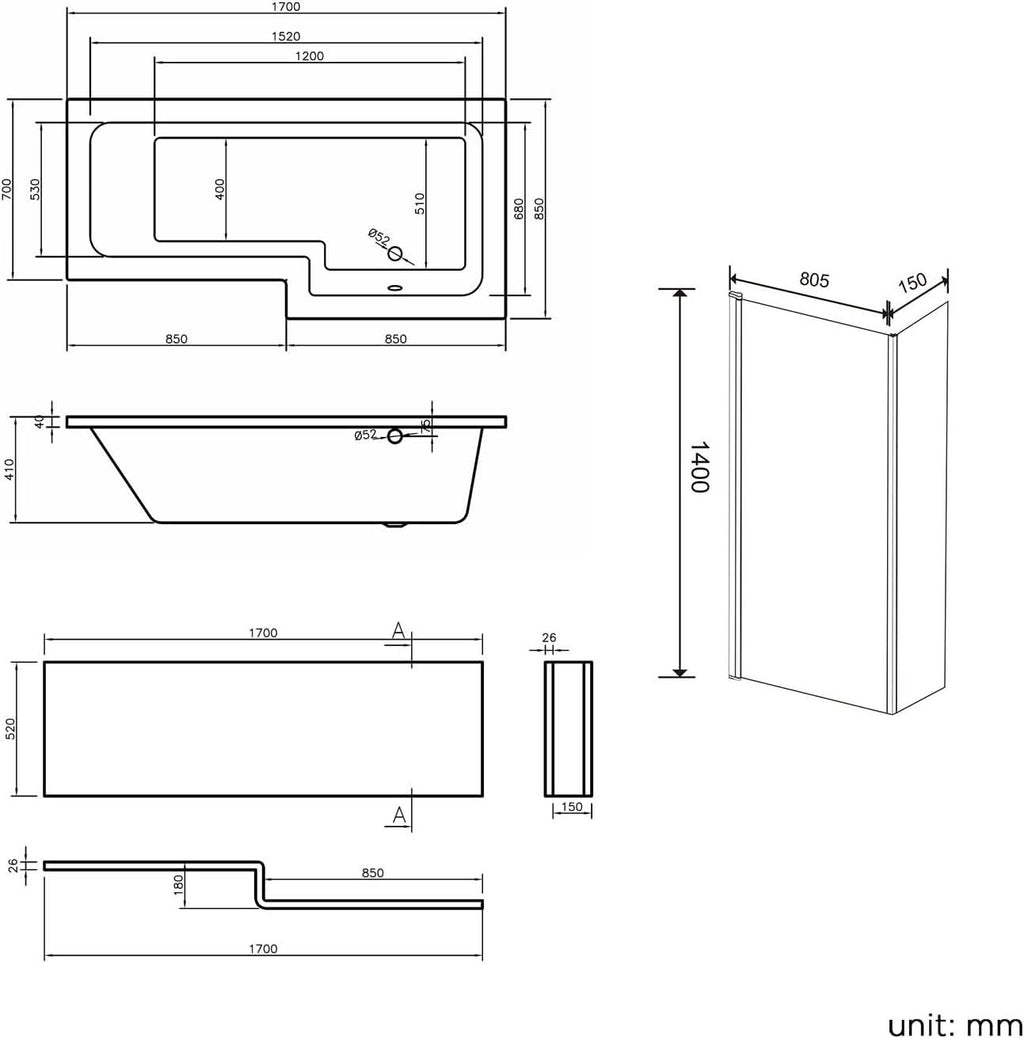 iBathUK Axis Right Hand L-Shaped Shower Bath, Includes Glass Screen & Front Panel, Modern Space-Saving Bath Design, Durable L Shaped Bath Screen, 1700mm