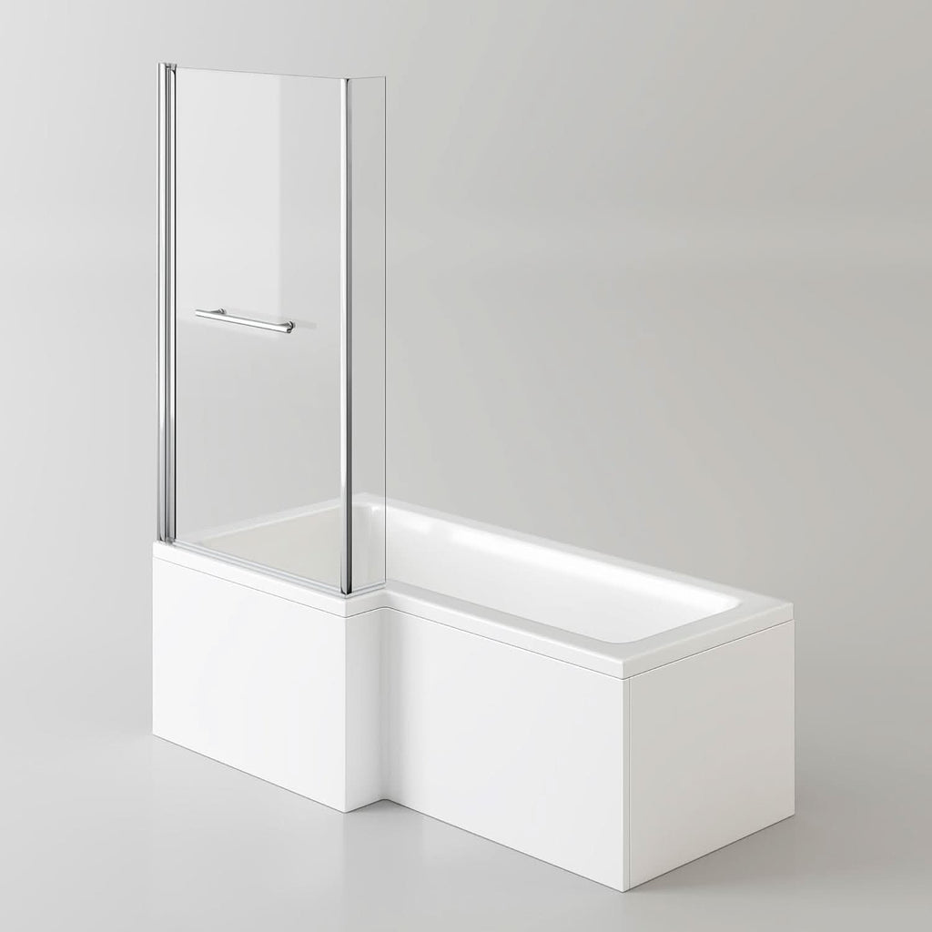 iBathUK Axis Left Hand L-Shaped Shower Bath, Includes Glass Screen, Rail & Front Panel, Modern Space-Saving L Shaped Bath Screen, 1700mm