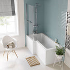 iBathUK Axis Left Hand L-Shaped Shower Bath, Includes Glass Screen, Rail & Front Panel, Modern Space-Saving L Shaped Bath Screen, 1700mm