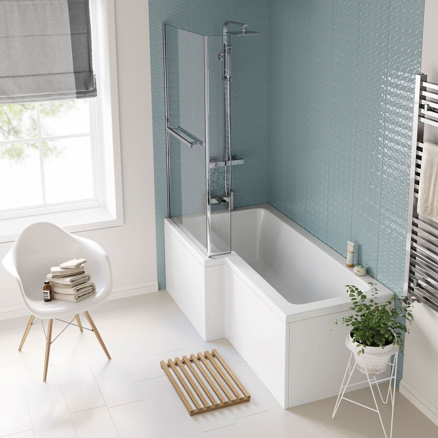 iBathUK Axis Left Hand L-Shaped Shower Bath, Includes Glass Screen, Rail & Front Panel, Modern Space-Saving L Shaped Bath Screen, 1700mm