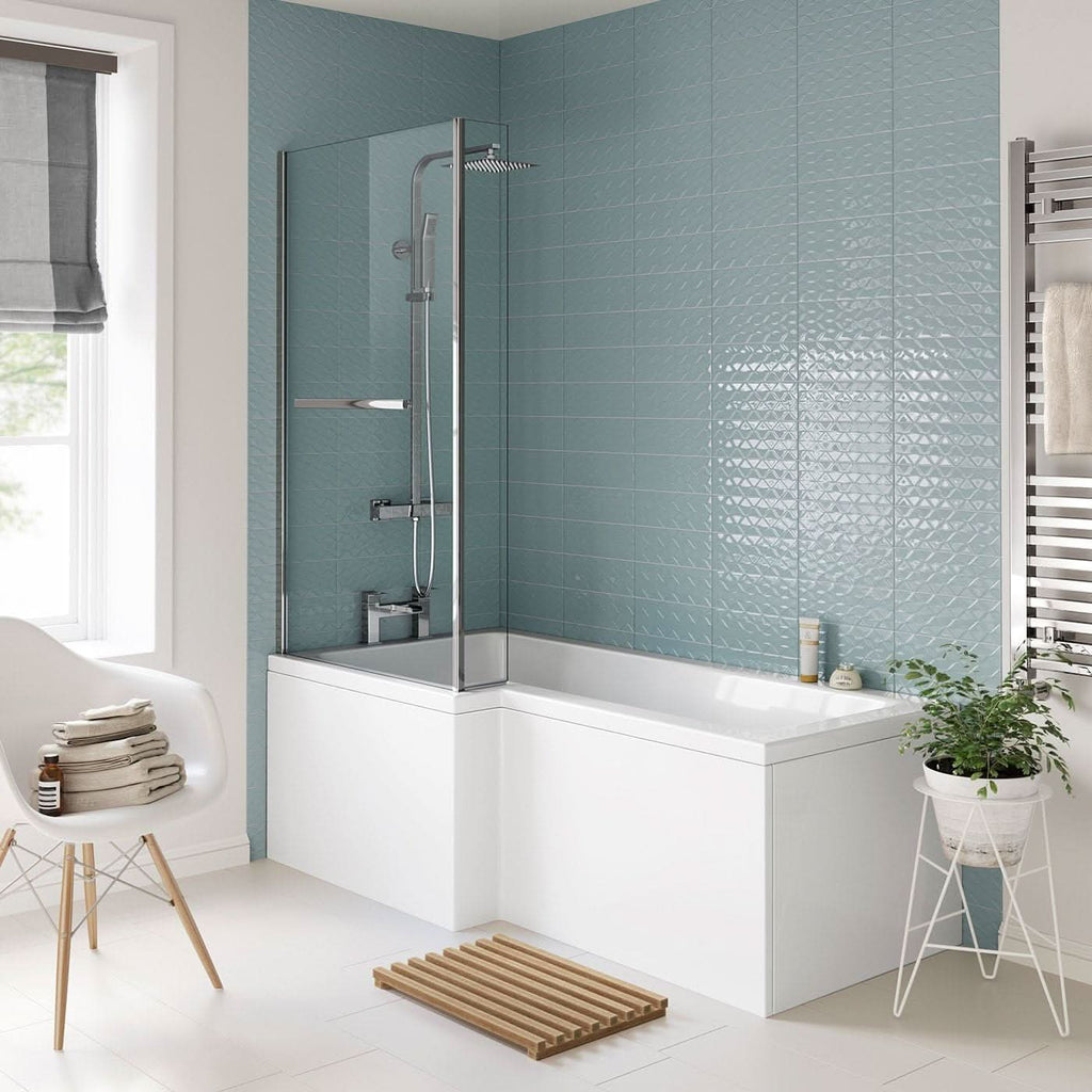 iBathUK Axis Left Hand L-Shaped Shower Bath, Includes Glass Screen, Rail & Front Panel, Modern Space-Saving L Shaped Bath Screen, 1700mm