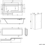 iBathUK Axis Left Hand L-Shaped Shower Bath, Includes Glass Screen, Rail & Front Panel, Modern Space-Saving L Shaped Bath Screen, 1700mm