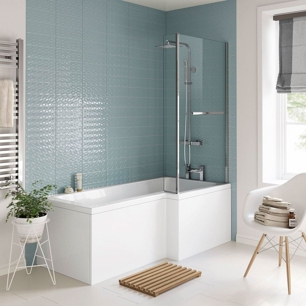 iBathUK Axis Right Hand L-Shaped Shower Bath, Includes Glass Screen, Rail & Front Panel, Modern Space-Saving L Shaped Bath Screen, 1700mm