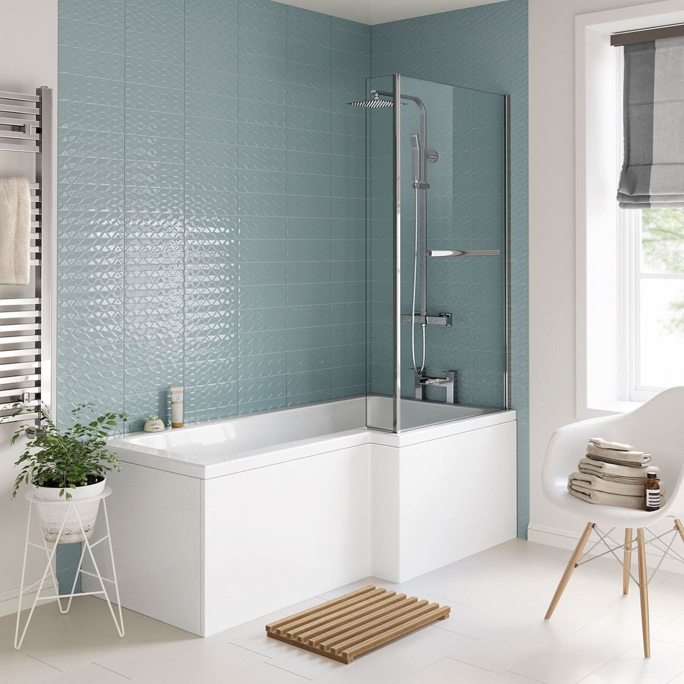 iBathUK Axis Right Hand L-Shaped Shower Bath, Includes Glass Screen, Rail & Front Panel, Modern Space-Saving L Shaped Bath Screen, 1700mm