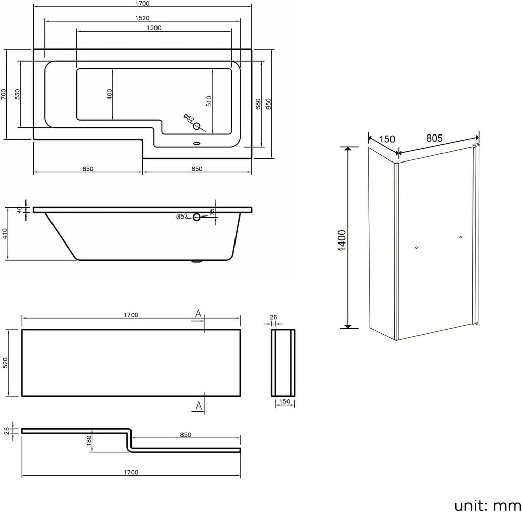 iBathUK Axis Right Hand L-Shaped Shower Bath, Includes Glass Screen, Rail & Front Panel, Modern Space-Saving L Shaped Bath Screen, 1700mm